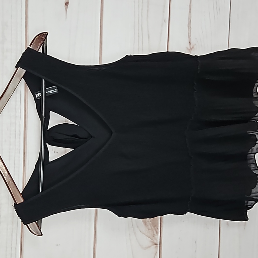 Zara Black Pleated Peplum Tank Top Ribbon Tie Back - Size XS
